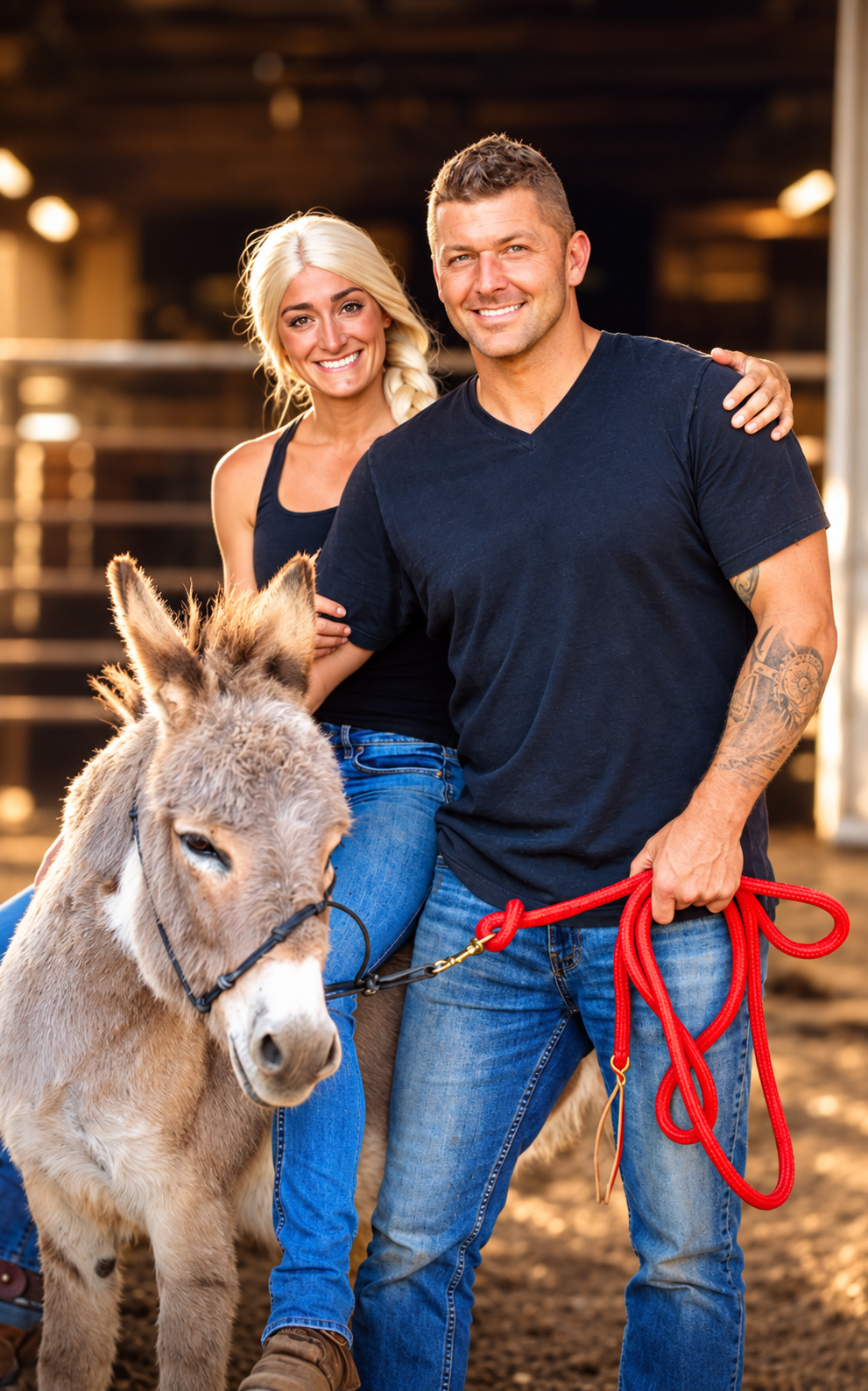 Kyle and Megan welcoming Buffalo to Anderson Metal Works with their donkey at golden hour